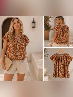 Apiece Apart Patricia Flutter Top New S Organic Cotton Spice Dabu Floral Print